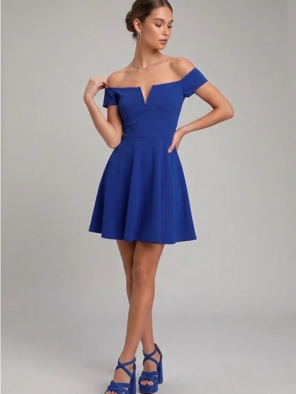 Lulu's Off-Shoulder V-Notch Fit & Flare Mini Dress in Cobalt Blue